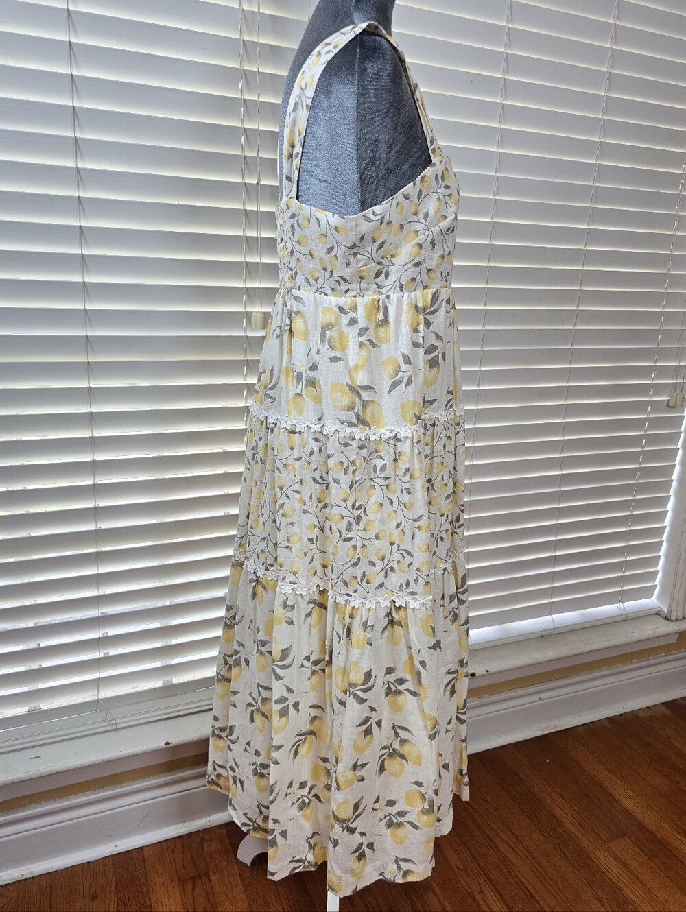 Haute Hippie Lemon Print Tiered Midi Dress Crochet Trim Sz.6 Cotton Cottagecore - Picture 7 of 15